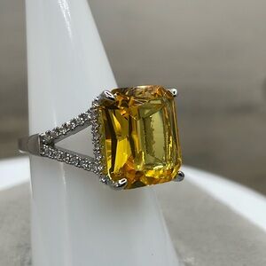 Beautiful Radiant Cut Statement Canary Yellow Diamond CZ Silver Plated Ring